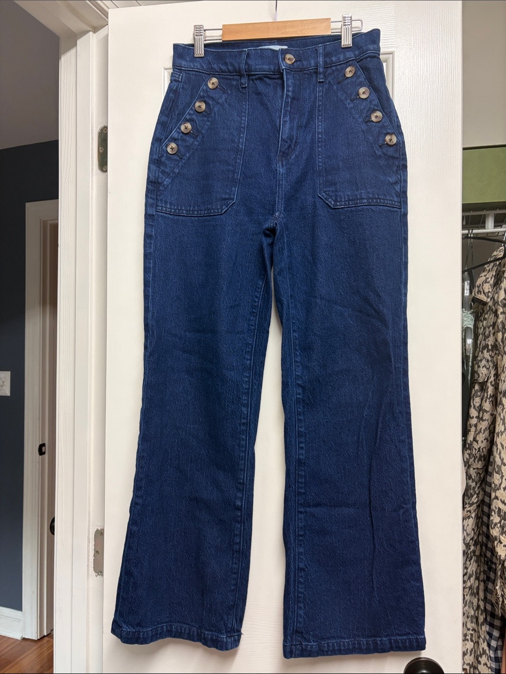LOFT Button-Accent Dark Blue Denim High-Waist Pants